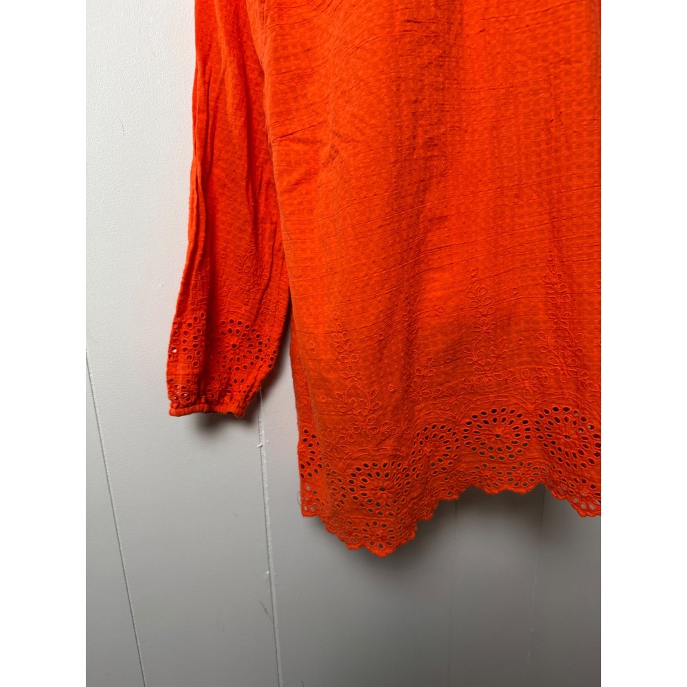 Soft Surroundings Women's Orange Eyelet Cotton Top Split Neck Long Sleeve Sz PXL - Picture 5 of 9
